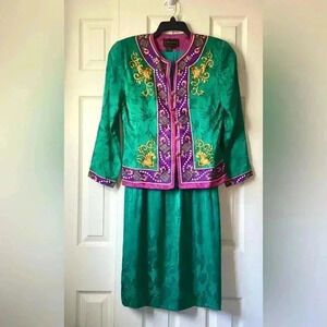 Silk Studio Women's Green 100% Silk Long Sleeve Vibrant Pattern suit& Skirt  Sz6